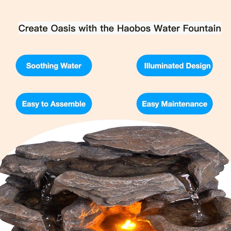 Haobos Cascading Indoor Tabletop Water Fountains with LED Light - Rockery Waterfall Fountain - Quiet and Relaxing Water Sound - Small 9.7 Inch Desktop Size - Home/Office Decor - Image 2